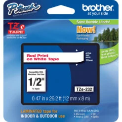 Brother TZe232 Laminated Tape For P-Touch Labelers (Red On White, 0.47" X 26.2')(Brother Tze232 Laminated Tape For P Touch Labelers Red On White 0 47 X 26 3)