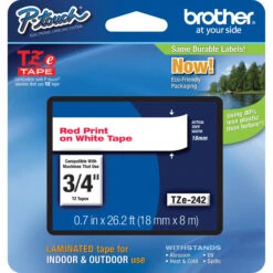 Brother TZe242 Laminated Tape For P-Touch Labelers (Red On White, 0.75" X 26.2')(Brother Tze242 Laminated Tape For P Touch Labelers Red On White 0 75 X 26 2)