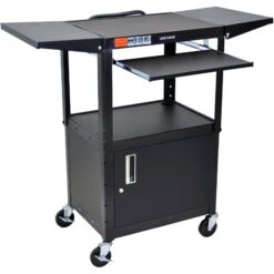 Luxor Adjustable Height Steel A/V Cart With Keyboard Shelf, Drop Leaf Shelves, And Cabinet (Black)(Luxor Adjustable Height Steel A V Cart With Keyboard Shelf Drop Leaf Shelves And Cabinet Black)