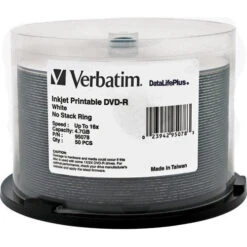 Verbatim DVD-R 4.76GB 16X DataLifePlus White Inkjet Printable Spindle (Pack Of 50)(Verbatim Dvd R 4 76gb 16x Datalifeplus White Inkjet Printable Spindle Pack Of 50)